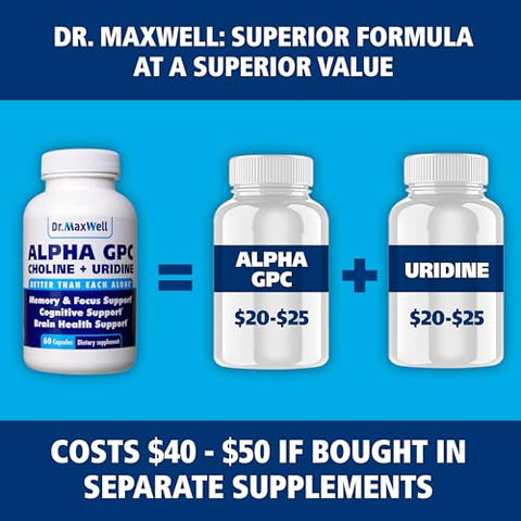 Dr. Maxwell - Alpha GPC 600mg Uridine: Potencializador de Colina 2 em 1, Livre de Soja, Sem Preenchedores, EUA, 60 Cápsulas, Precursor de Acetilcolina