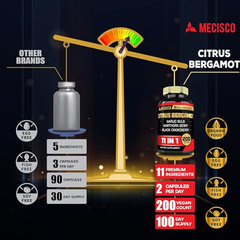 Mecisco - Suplemento Citrus Bergamota 11 em 1 1000mg com Folha de Oliveira, Espinheiro Branco, Guggul, Alho e Mais – Suporte à Imunidade e Sistema Circulatório