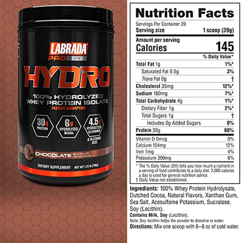 Hydro 100% Pó Isolado de Proteína Whey Hidrolisada, Sem Lactose, Digestão Rápida, Mistura Instantânea, Sabor Delicioso 20 Porções (Chocolate) - Labrada