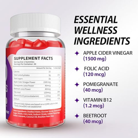VIGUMYO - ACV Keto Gummies Fórmula Avançada 1500mg Keto ACV Gummies com B12 Suco de Romã Beterraba – Vegano 120 Gummies