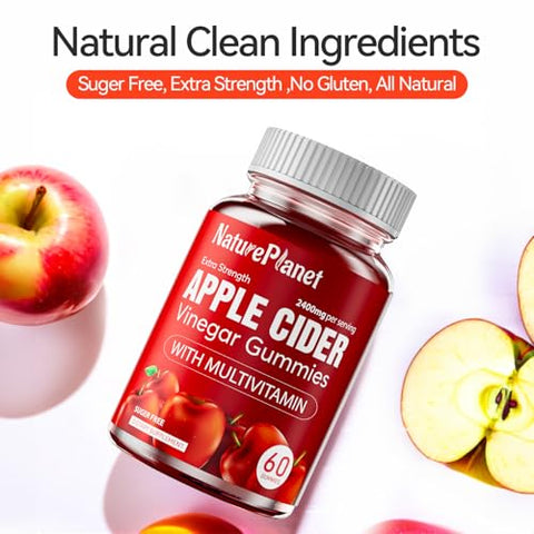NaturePlanet - Gummies de Vinagre de Maçã, 2400 MG ACV com Multivitamina, Vegano, Não-OGM, Sem Glúten, 60 Gummies