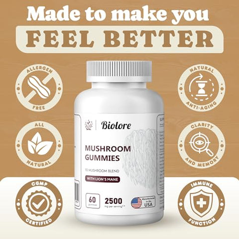 Biolore - Complexo de Cogumelos em Gomas: 10 Poderosos Cogumelos com Chaga, Cabeça de Leão, Reishi, Cordyceps – Estimulante Cerebral, Suporte Imunológico. Superfood de Cogumelos (2 Unidades)