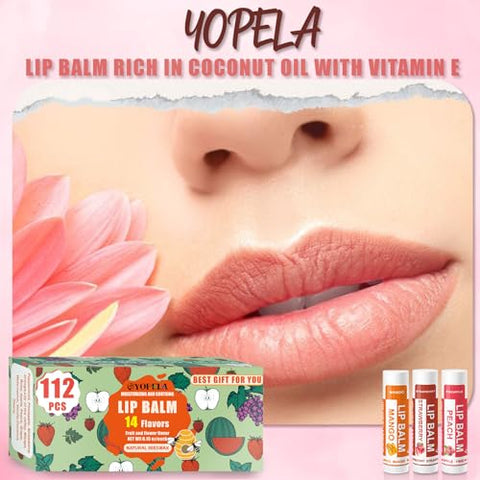 Yopela - 112 Pack Bálsamo Labial Natural a Granel Hidratante com Vitamina E e Óleo de Coco – Hidratação, Nutrição e Reparação para Lábios Secos e Rachados – 14 Sabores – Não-OGM
