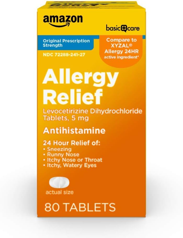 24 Hour Allergy Relief – Comprimidos de Levocetirizina Dicloridrato, 5 mg, Antialérgico, Alivia Espirros, Coriza, Coceira no Nariz ou Garganta e Olhos Lacrimejantes – Compre Agora! - Amazon Basic Care
