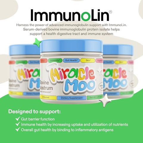 Miracle Moo - Suplemento de Colostro para Saúde Intestinal, Crescimento Capilar, Beleza e Suporte Imunológico – Pó Bovino de Pasto Fácil de Misturar – Maior IgG Plus ImmunoLin, Sem Sabor, 60 Porções