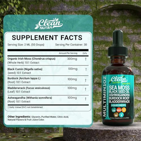 Suplemento Líquido de Musgo do Mar com Óleo de Semente Preta, Ashwagandha e Raiz de Bardana – 30ml - Clean Nutraceuticals