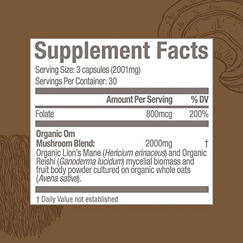 Mushroom Superfood Cápsulas de Pó de Cogumelo para o Cérebro, 90 Unidades, 30 Dias, Lion’s Mane, Reishi Blend Plus Folate, Clareza Mental, Suplemento de Cogumelo - OM