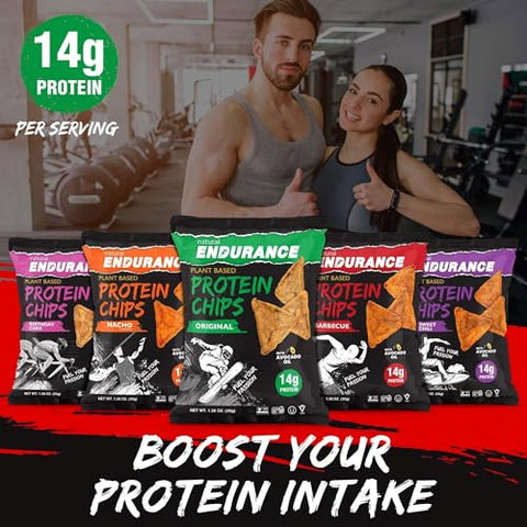 natural ENDURANCE - Chips de Proteína Natural Endurance – Snack Low Carb, Alto Teor de Proteína, Vegano com Óleo de Abacate, 14g de Proteína por Pacote, Sem Glúten, Nacho, BBQ, Chili, Bolo de Aniversário