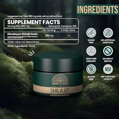 Sages Of The Ages - Shilajit Puro Himalaia Resina 85 Minerais Traços, Testado em Laboratório para Homens 78% Ácido Fúlvico, Grau Ouro Shilajit Puro Himalaia Orgânico (30g)