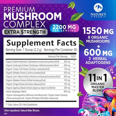Nature's Peak - Blend em Pó de Suplemento de Cogumelo – Lion’s Mane, Chaga, Complexo Nootrópico 11 em 1 – 100g