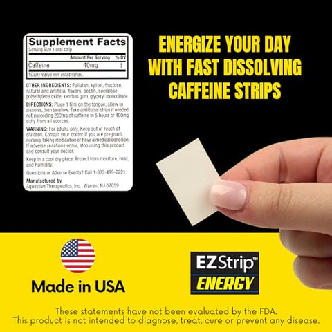 EZStrip - Energize seu dia com Tiras de Cafeína de 40 mg – Suplemento Energético para Adultos. Sabor Menta. Sem Açúcar, Sem Glúten, Impulso de Desempenho. Fabricado nos EUA em uma Instalação Registrada pela FDA