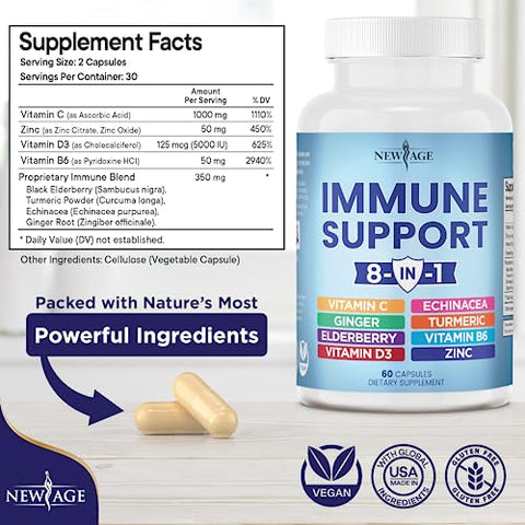 NEW AGE - 8 em 1 Suplemento Reforço Imunológico com Equinácea, Vitamina C e Zinco 50mg, Vitamina D 5000 UI, Cúrcuma Curcumina