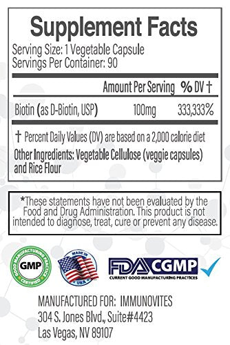 IMMUNOVITES - 3-Pack Biotina de Alta Dose (como d-Biotina, USP) 100mg (Equivalente a 100.000mcg) 90 Cápsulas, Alta Potência (3)