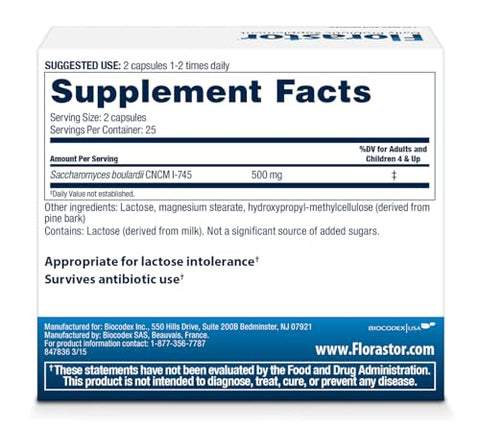 Probiótico Diário para Mulheres e Homens, Suporte Comprovado à Saúde Digestiva, Saccharomyces Boulardii CNCM I-745 (50 Cápsulas) - Florastor