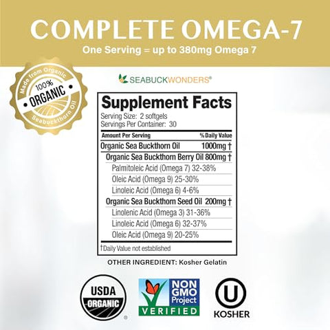 SEABUCKWONDERS - Óleo de Espinheiro Marítimo Completo Omega-7, 180 Cápsulas Softgel (500mg Cada) – Marca Omega-7
