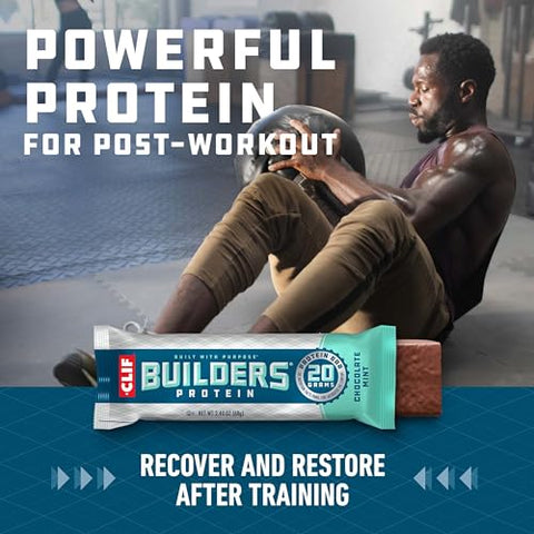 CLIF BUILDER'S - CLIF Builders – Pack Variado de Barras de Proteína à Base de Plantas – Chocolate Menta e Chocolate – Sem Glúten – Não-OGM – Baixo Índice Glicêmico – 20g Proteína – 68g (10 Unidades)