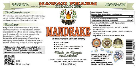 Extrato Líquido de Mandrágora Sem Álcool, Raiz Seca de Mandrágora (Mandragora Officinarum) Glicerito Herbal Natural, EUA 60 ml - Hawaii Pharm