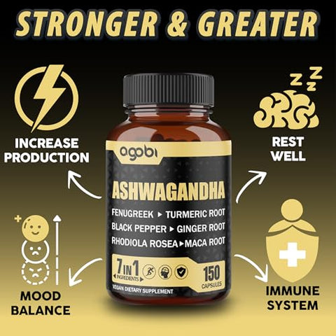 agobi - Ashwagandha Extrato Cápsulas 7 Ingredientes Naturais 8050 mg – Mistura de Fenacho, Maca, Cúrcuma, Rodiola, Gengibre