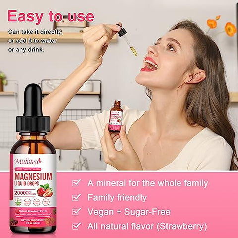Mulittea - (2 Pacotes) Magnésio Glicinato Líquido, 1000mg com Alta Potência de Magnésio Glicinato 500mg, Citrato 500mg, Sem Açúcar, Vegano, Complexo Suplementar Não-OGM Promove
