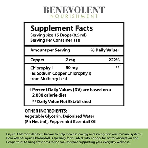 Benevolent Nourishment - Benevolent Chlorophyll – Gotas Líquidas de Clorofila, Suplemento de 4 Meses para Desodorização Interna