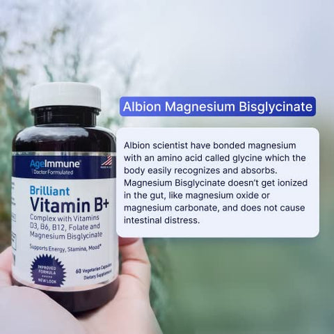 AgeImmune - Vitamina B Complexo – 60 Cápsulas com Vitaminas B6 20mg D3 1000UI Magnésio Bisglicinato 260mg Metil B12 1000mcg e Folato como Metilfolato 600mcg DFE. Fórmula Médica MTHFR