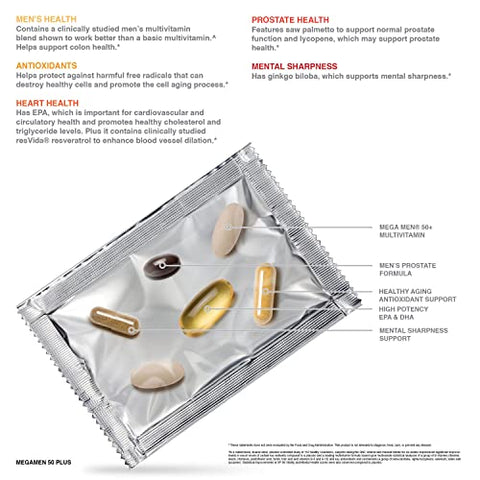 Mega Men 50 Plus Vitapak Program – 30 Vitapaks | Fórmula Multivitamínica para Homens Acima de 50 Anos - GNC