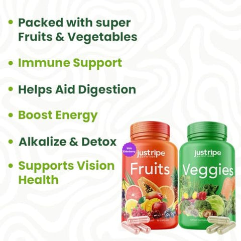 Just Ripe Nutrition - Suplemento de Frutas e Vegetais – 90 Cápsulas de Frutas e 90 Cápsulas de Vegetais (Pacote com 2) – Superfood 100% Natural – Rico em Vitaminas e Minerais – Suporta Níveis de Energia – Feito com Ingredientes Integrais