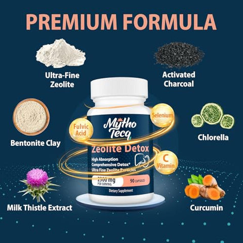 MythoTecq - Zeolite Detox 69,000 MG: Carvão Ativado, Limpeza e Desintoxicação do Fígado, Desintoxicação Completa do Corpo, Detox Rápido, Remoção Natural de Toxinas, Extrato de Cardo de Leite e Argila Bentonita para
