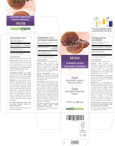 Reishi (Ganoderma lucidum) Tintura sem álcool de cogumelo – Extrato líquido de 200 ml em gotas – Suplemento herbal – Vegano - Naturalma