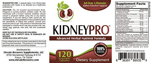 Elevate Recovery Supplements - Kidney-Pro: Fórmula com 21 Suplementos para a Saúde Renal em 1 Cápsula (Suporte Total aos Rins), 120 cápsulas