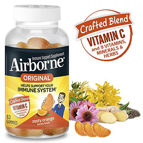 Gomas de Laranja Vitamina C 750mg (por Porção) – 63 Unidades, Suplemento Imunológico Livre de Glúten com Vitaminas C E, Selênio (Pack com 4) - Airborne