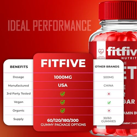 IDEAL PERFORMANCE - FitFIve Gummies Keto ACV – Máxima Força 1000MG, Vinagre de Maçã, Vitamina B12, Romã