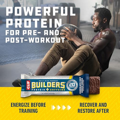CLIF BUILDER'S - CLIF Builders Caffeine – Barra de Proteína à Base de Plantas – Sabor Cookie Dough com Gotas de Chocolate – Sem Glúten – Não-OGM – Baixo Índice Glicêmico – 20g de Proteína – 68g (12 Unidades)