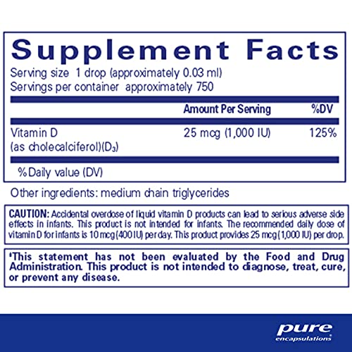 Vitamina D3 Líquida Pure Encapsulations | Suporte à Saúde Óssea, Mamária, Cardiovascular, Intestinal e Imunológica* | 22,18 ml