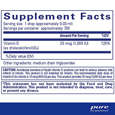 Vitamina D3 Líquida Pure Encapsulations | Suporte à Saúde Óssea, Mamária, Cardiovascular, Intestinal e Imunológica* | 22,18 ml