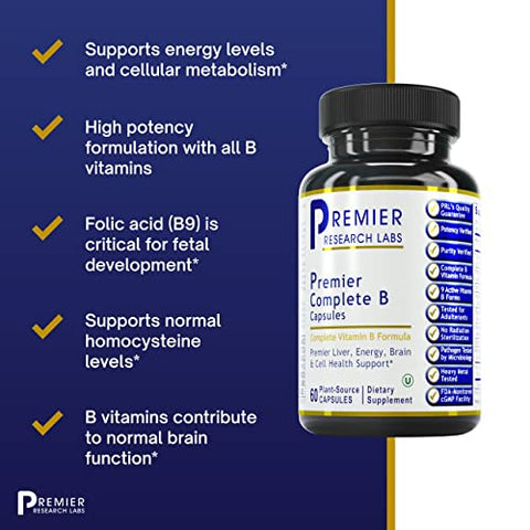 Complete B: Suplemento de Complexo de Vitamina B para Saúde Ótima | Vitamina B com Biotina | 9 Vitaminas B Ativas | para Fígado, Energia | Marca Premier Research Labs - Premier Research Labs