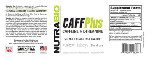 CaffPlus: Cápsulas Vegetais de Cafeína de Dupla Fonte com Teanina para Energia Saudável – 60 cápsulas - NutraBio