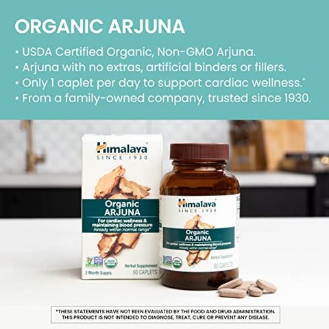 Orgânico Arjuna Suplemento Herbal, Suporte Cardiovascular, Manutenção da Pressão Arterial, Saúde do Coração, Certificado Orgânico pelo USDA, Não-OGM, Vegano, 700 mg, 60 Cápsulas Vegetais - Himalaya