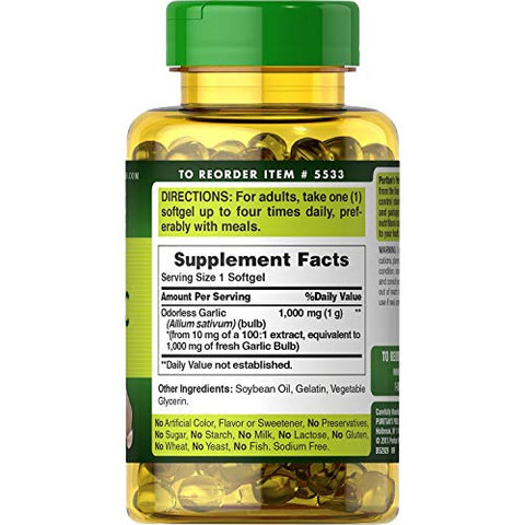 Puritan's Pride - Puritan’s Pride – Pack 4 Softgels Alho sem Odor 1000 mg, 250 cápsulas | Compre Agora!