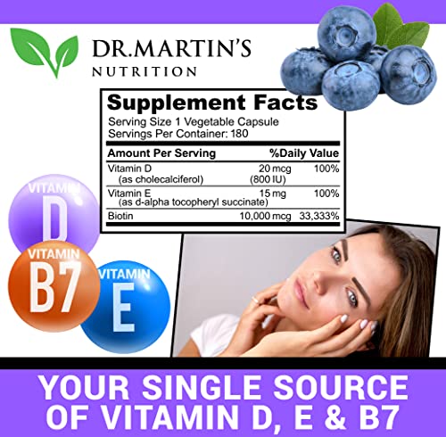 DR. MARTIN'S NUTRITION - Potente Biotina (Vitamina B7) 10.000 mcg com Vitamina D – Fortaleça seus cabelos e unhas