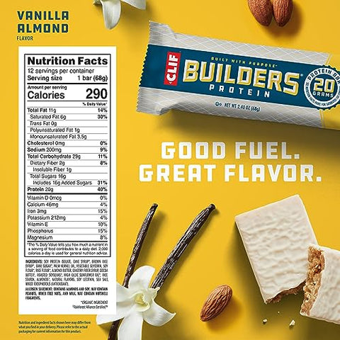CLIF BUILDER'S - CLIF Builders – Barra de Proteína à Base de Plantas – Sabor Baunilha Amêndoa – Sem Glúten – Não-OGM – Baixo Índice Glicêmico – 20g Proteína – 68g (12 Unidades)