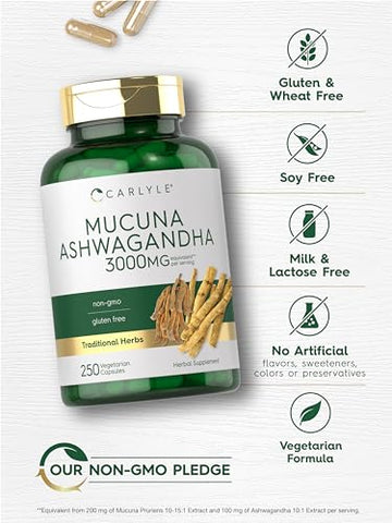 Mucuna com Ashwagandha | 3000mg | 250 Cápsulas | Suplemento de Mucuna Pruriens | Vegetariano, Não-OGM, Sem Glúten - Carlyle