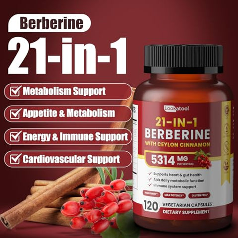Lookatool - Berberina Orgânica 1500mg com Canela do Ceilão – 21 em 1, 120 Cápsulas de Alta Absorção para Suporte ao Metabolismo