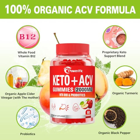 Powerific - Gomas de Vinagre de Maçã, Gomas de ACV Keto com Probióticos – Apple Cider Vinegar Gummies, Keto ACV Gummies com Probióticos