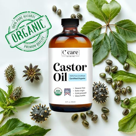 C CARE - Óleo de Rícino Orgânico Prensado a Frio Não Refinado em Frasco de Vidro Livre de Hexano Extra Virgem Certificado USDA 100% Puro Orgânico para Crescimento Capilar Sobrancelhas Cílios Pele Uso com