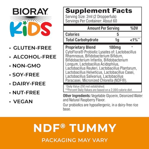 Kids NDF Tummy, Framboesa – 120 mL – Probiótico de 11 cepas – Suporta a resposta imune no trato gastrointestinal – Não-OGM, Vegano, Livre de Glúten – Aprox. 120 porções - BIORAY