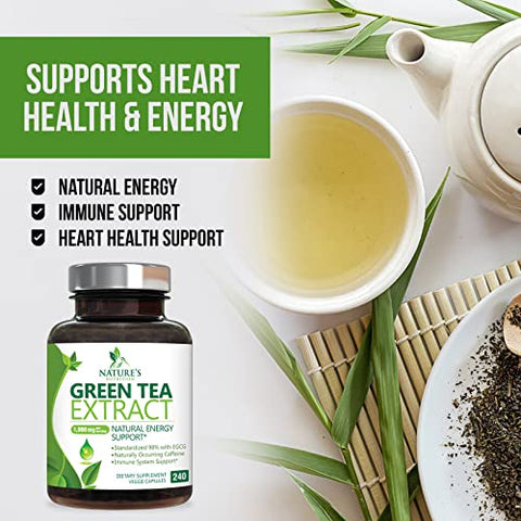 Nature's Nutrition - Extrato de Chá Verde em Cápsulas 1000mg 98%% Padronizado em EGCG – 3X Mais Potente para Energia Natural – Suporte Cardíaco com Polifenóis – Cafeína Suave – 240 Cápsulas