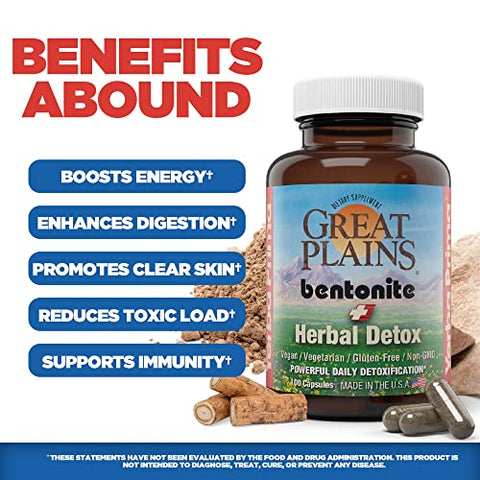 Bentonite Clay Plus Herbal Detox – 100 Cápsulas Vegetais – Argila de Grau Alimentício das Grandes Planícies, EUA – Desintoxicação do Cólon - Yerba Prima