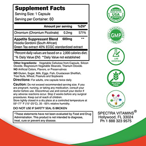 Spectra Vitamins - Supressor de Apetite 60 Cápsulas – Hoodia Sul-Africana e Extrato de Chá Verde Controlam o Apetite, Aumentam a Energia e Promovem a Perda de Peso, Fabricado nos EUA
