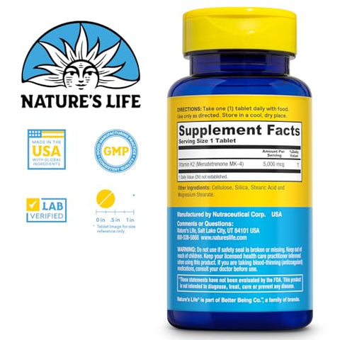 Nature's Life - NATURE’S LIFE – Vitamina K2 Revitalizante para Saúde Óssea, Arterial e Cardíaca – Suplemento de Alta Potência de Vitamina K2 MK4 – Garantia de 60 Dias, Verificado em Laboratório – 60 cápsulas